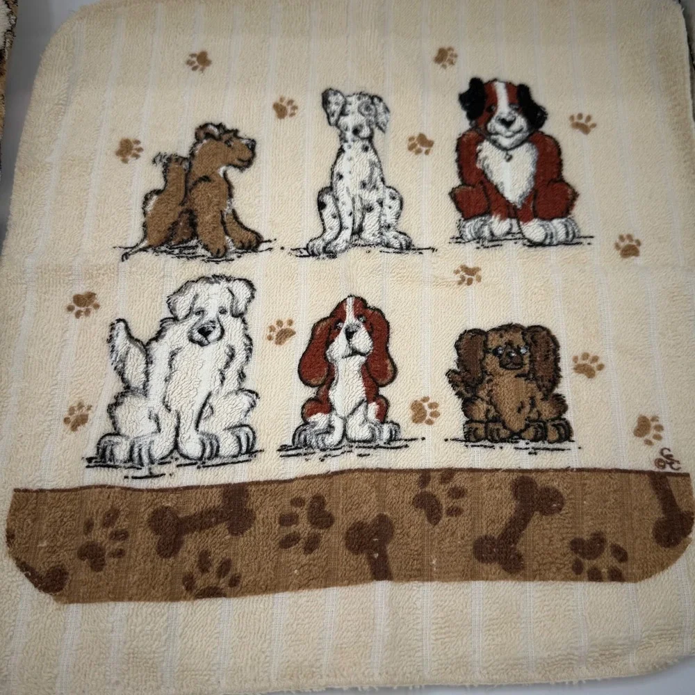 Vintage Cecil Saydah Puppy Dog Hand Towel Washcloth Set Cream Cotton 90s Decor